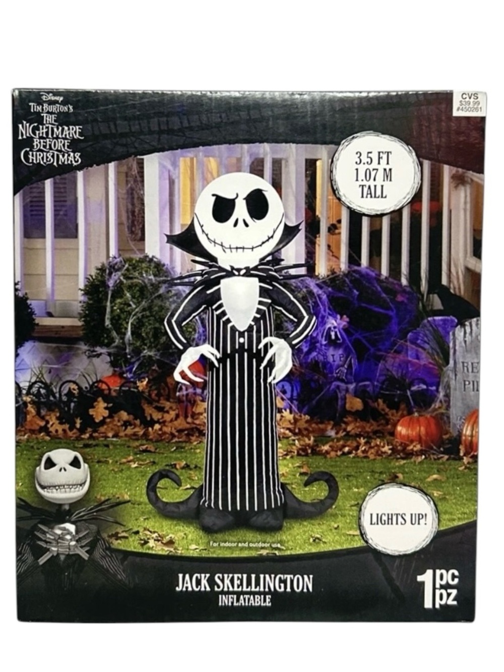 Disney Jack Skellington Inflatable Indoor Outdoor Yard Decor Light Up Lawn Art